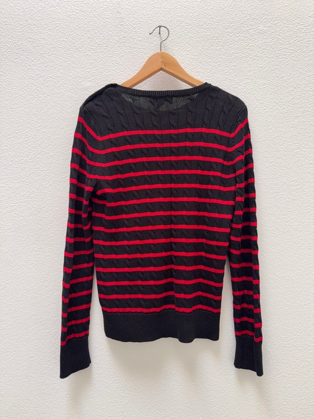 Lauren Ralph Lauren Petite PL Cable Knit Stripe Sweater Black Red